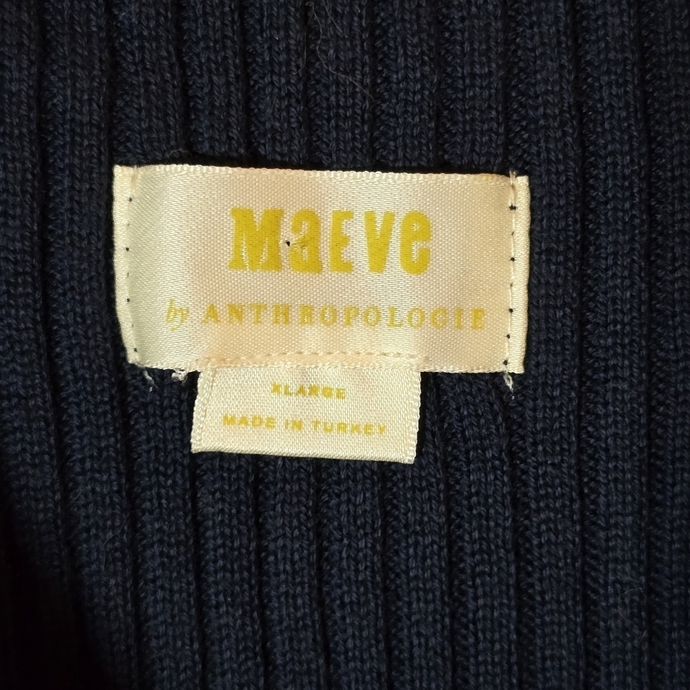 Anthropologie Maeve Navy Ribbed Knit Midi Dress Puff Sleeve Gingham, sz XL - Picture 3 of 10